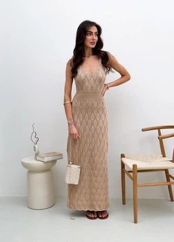 Ажурное летнее платье длинное ART KNIT бежевое, S-M 037691