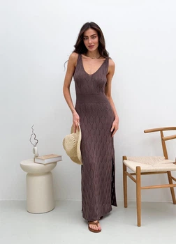 Ажурное летнее платье длинное ART KNIT кофейное, S-M 037687