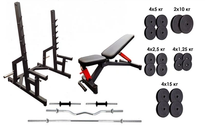 Професійна лавка зі стійками RN-Sport black rock + 4 грифи, 115 кг дисків