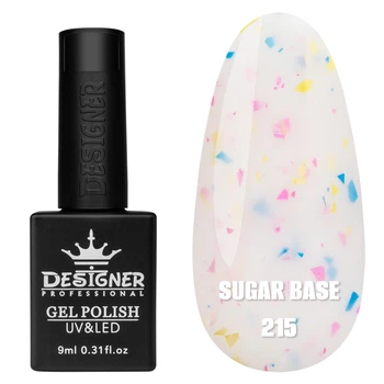 Цветная база для ногтей Дизайнер Sugar base №215 молочная с разноцветными хлопьями Юки, 9 мл