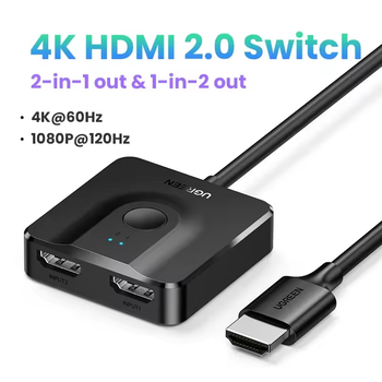 HDMI сплітер двонаправлений Ugreen CM311 з кабелем 1м, 2 In 1 Out HDMI Switcher Black 4K@60Hz (70607)