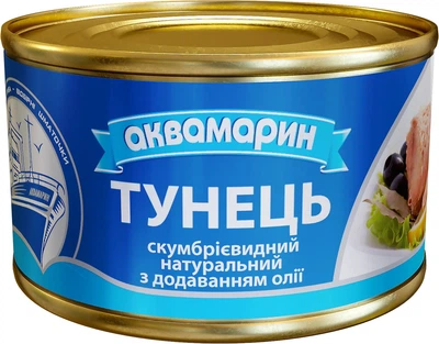 Тунець Аквамарин Скумбрієвидний натуральний з додаванням олії 230 г (4820183774781)