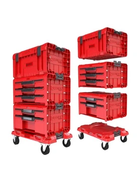 Модульный комплект ящиков на платформе на колесах Qbrick System PRO Drawer Workshop Set 4 2.0 RED Набор выдвижных ящиков для инструментов на колесиках для домашней мастерской и гаража Органайзер Красный