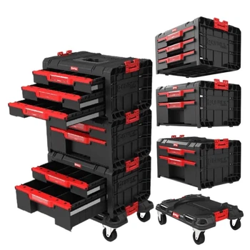 Модульный комплект ящиков на платформе на колесах QQbrick System PRO Drawer Workshop Set 1 Набор выдвижных ящиков для инструментов на колесиках для домашней мастерской и гаража Органайзер Черно-красный