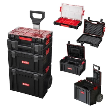 Мобильный комплект модульных боксов Qbrick System PRO Set 3 Набор ящиков для инструментов с ручкой на колесах для домашней мастерской и гаража Органайзер со съемными контейнерами Черно-красный