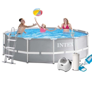 Круглый каркасный бассейн Intex 26716-6 с чашей из ПВХ хлоргенератором 4 г / ч фильтр насосом 3785 л / ч скиммером пылесосом лестницей лестницей подстилкой и тентом 366х99 см Серый (127-9-26716-6)