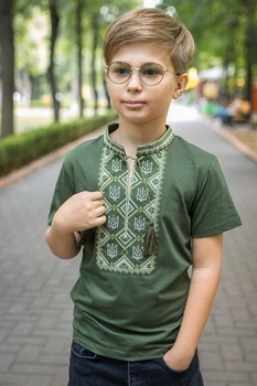 Вышиванка футболка для мальчика 3–15 лет Kosar, 100% хлопок, тризуб, короткий рукав ,152, Хаки