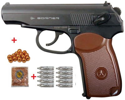 Пневматический пистолет BORNER PM 49 Makarov (Метал) + Баллончики 10 шт CO2 Borner и 500 шт шарики BB 4,5 мм
