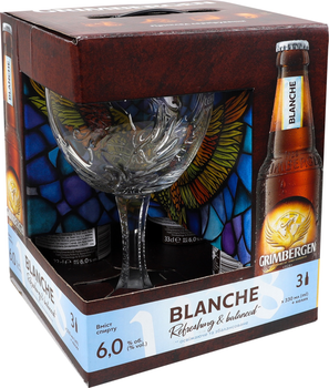 Подарочный набор пива Grimbergen Blanche светлое специальное 6% 0.33 л x 3 шт + бокал (4820250943287)