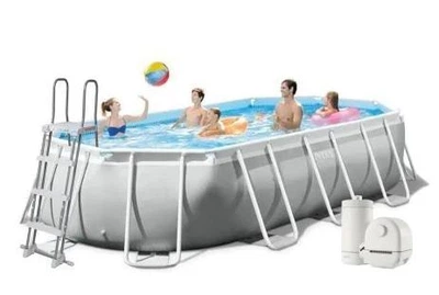 Бассейн каркасный Intex 26796 овальный из ПВХ 503 х 274 х 122 см с фильтр-насосом 5678 л в час чашей каркасом тентом подстилкой и лестницей Серый (21-9-26796)
