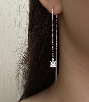 Серебряные сережки длинные с подвеской Тризуб