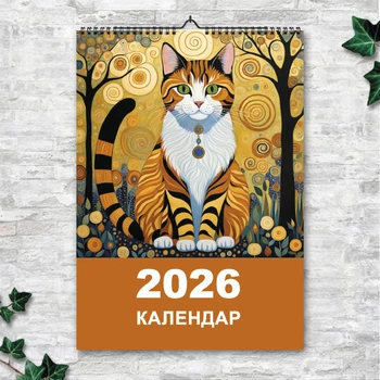 Календар 2026 настінний перекидний Коти. Стилізація. 13 аркушів ENTERSTORE 42х29.7 см (ART 250135)