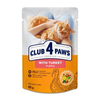 Упаковка вологого корму для дорослих котів Club 4 Paws для дорослих котів з індичкою в желе 85 гр 24 шт