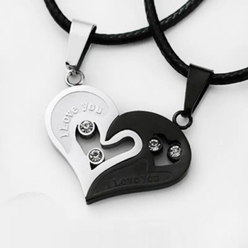 Парные подвески I Love you кулоны для влюбленных две половинки сердца серебристо-черные