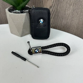 Кожаная ключница с брелоком для ключа BMW из натуральной бычьей кожи черная