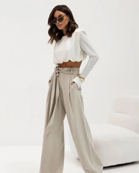 Женские широкие брюки MAXI oversize из костюмной ткани с поясом бежевый 42-44