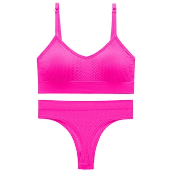 Бесшовный комплект женского белья Lesko 6608# Розовый электрик M в текстуре косичка трусы и топ