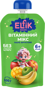 Дитяче пюре Вітамінний мікс із яблук, персиків, бананів, манго Elfik Magic 100 г
