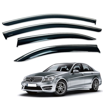 Дефлекторы окон (ветровики) для Mercedes C-Class (W204) 2008-2014 с нерж. хром полоской (HAWK)