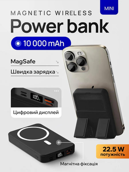 Powerbank Magsafe беспроводной 10000mAh / 22.5W - магнитный внешний повербанк с подставкой для смартфона iPhone (айфона) и Android / мини портативный с дисплеем