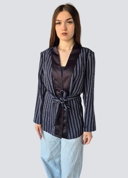 Жіноча накидка в білу вертикальну смужку з поясом Zara Синя 14594 S (42-44)