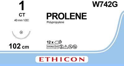 Пролен Ethicon синий 100 см USP1 M4 одна игла CT 40 мм 1/2 круга (W742G )