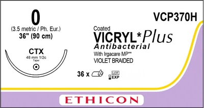Викрил Ethicon Plus фиолетовый 90 см М3.5 USP0 одна игла СТХ Тип колючая Taper Point 48 мм 1/2 круга (VCP370H)