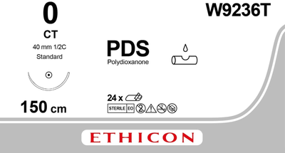 ПДС II Ethicon фиолетовый 150 см M3.5 петля USP0 одна игла MO-2 Тип колючая Taper Point 40 мм 1/2 круга (W9236T)