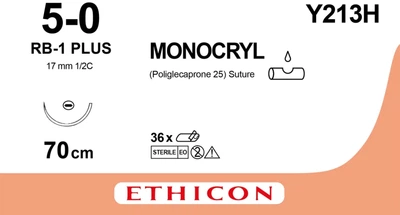 Монокрил Ethicon фиолетовый 70 см M1 USP5/0 одна игла RB-1 Plus Taper Point 17 мм 1/2 круга (Y213H)