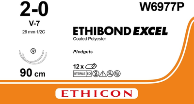 Этибонд Эксель Ethicon зеленый 90 см M3 USP2/0 две иглы V-7 Тип колюще-режущая Taperc2 колюще-режущие иглы 26 мм 3/8 круга (W6977)