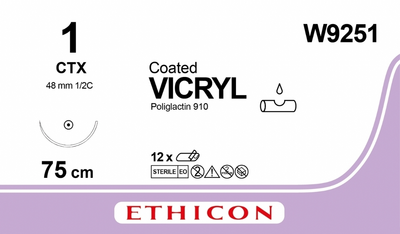 Викрил Ethicon фиолетовый 75 см M4 USP1 одна игла CTX Тип колющая Taper Point 48 мм 1/2 круга (W9251)