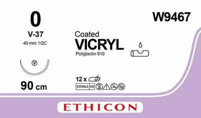 Викрил Ethicon фиолетовый 90 см M3.5 USP0 одна игла V-37 Тип колюче-режущая Tapercut 40 мм 1/2 круга (W9467)
