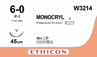 Монокріл Ethicon непофарбований 45 см M0.7 USP6/0 одна голка P-1 Prime Тип зворотньо-ріжуча 11 мм 3/8 кола (W3214)