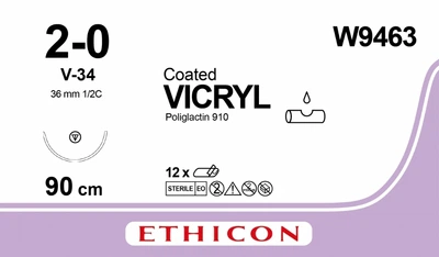 Викрил Ethicon фиолетовый 90 см M3 USP2/0 одна игла V-34 Тип колюче-режущая Tapercut 36 мм 1/2 круга (W9463)