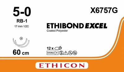 Этибонд Эксель Ethicon зеленый см M1 USP5/0 две иглы RB-1 17 мм 1/2 круга (X6757G)