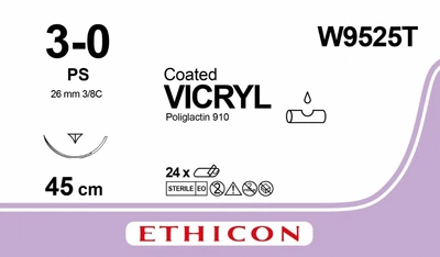 Вікрил Ethicon непофарбований 45 см M2 USP3/0 одна голка PS Prime Тип зворотно-ріжуча голка 26 мм Prime 3/8 кола (W9525T)