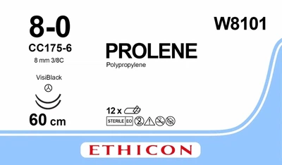 Пролен Ethicon синий 60 см M0.4 USP8/0 2 кол. иглы 8 мм CC175 Visi Black для кальцинированных сосудов 3/8 круга (W8101)