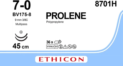 Пролен Ethicon синий 45 см M0.5 USP7/0 две иглы BV175-8 Тип колющая Taper Point 93 мм 3/8 круга (8701H)