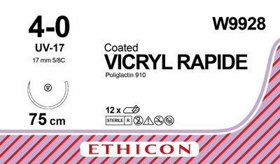 Викрил Ethicon Rapide неокрашенный 75 см M1.5 USP4/0 одна игла UV-17 Тип колюще-режущий 17 мм 5/8 круга (W9928)