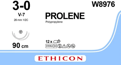 Пролен Ethicon синий 90 см M2 USP3/0 две иглы V-7 Тип колюще-режущая Tapercut 26 мм 1/2 круга (W8976)