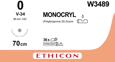 Монокрил Ethicon фиолетовый 70 см M3.5 USP0 одна игла V-34 Тип колюче-режущая Tapercut 36 мм 1/2 круга (W3489)