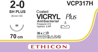 Викрил Ethicon Plus фиолетовый 70 см M3 USP2/0 одна игла SH Plus Тип колющая Taper Point26 мм 1/2 круга (VCP317)