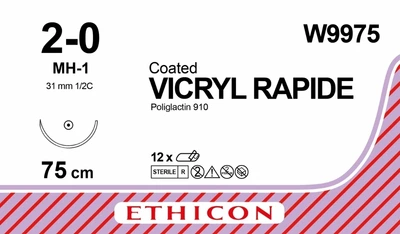 Викрил Ethicon Rapide неокрашенный 75 см M3 USP2/0 одна игла MH-1 Тип колючий Taper Point 31 мм 1/2 круга (W9975)