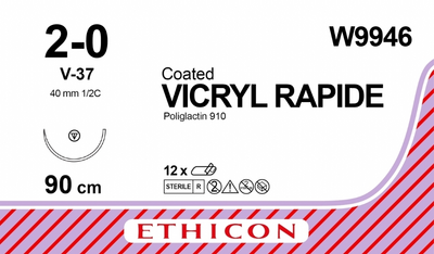 Викрил Ethicon Rapide неокрашенный 90 см М3 USP2/0 одна игла V-37 Тип колюще-режущая 40 мм 1/2 круга (W9946)