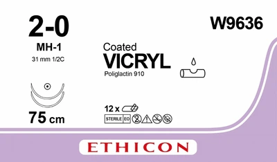 Викрил Ethicon фиолетовый 75 см M3 USP2/0 две иглы MH-1 Тип колющая Taper Point 31 мм 1/2 круга (W9636)