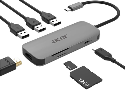 Hub USB Acer 7-1 Type C dongle: 1xHDMI, 3xUSB3.2, 1xSD/TF, 1xPD (HP.DSCAB.008)