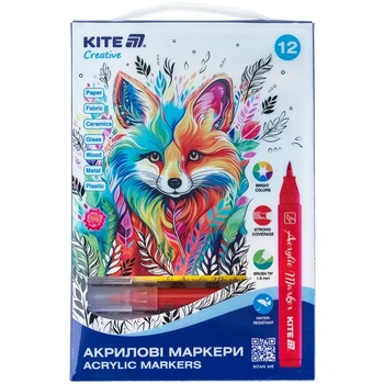 Маркери-пензлики акрилові Kite Creative12 кольорів K-1159, – фото