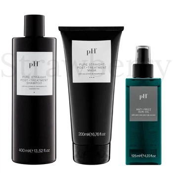 Набор для гладкости выпрямленных волос pH Laboratories: Безсульфатный шампунь pH Laboratories PURE STRAIGHT 400мл + Закрепляющая маска pH Laboratories PURE STRAIGHT 200мл + Антифриз-масло для волос pH Laboratories SUN CARE Anti-Frizz Oil 125мл