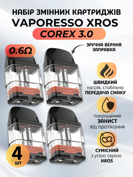 Змінний картридж ( набір 4 шт ) Corex 3.0 для електронної сигарети Pod системи Vaporesso XROS / Xros Mini / Xros Pro / Xros Nano / Xros Cube Kit Meshed 3 мл 0.6 Ом