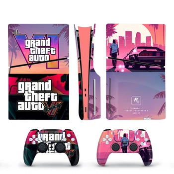 Виниловые наклейки GTA 6 (Grand Theft Auto) на PS5 Slim Disk Drive version + геймпад DualSense + глянцевую часть игровой консоли Sony PlayStation 5 Slim Disk Drive / Skin